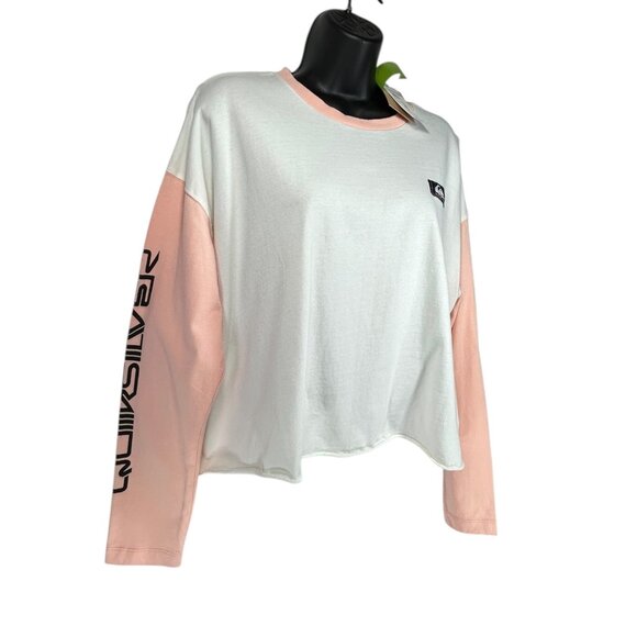 QUIKSILVER Cold Waves Crop Tee Sz  S White Pink Colorblock Logo Organic Cotton - Picture 4 of 16